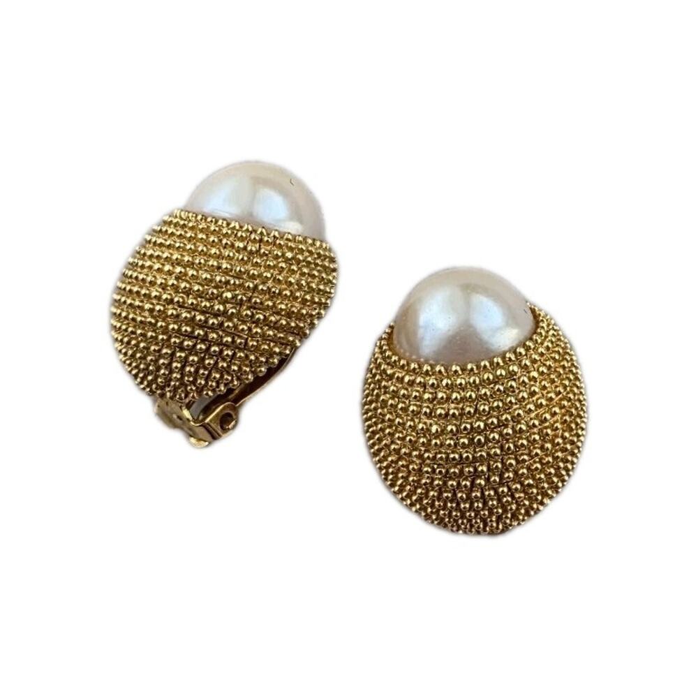 Vintage Erwin Pearl Goldtone and Cabochon Pearls Clip-On Earrings